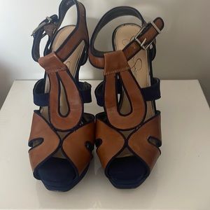 Jessica Simpson navy and dark tan peep toe heels. Size 8 - worn